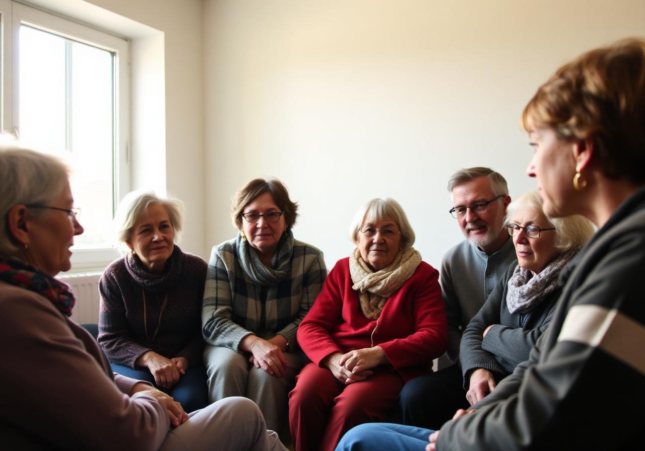 Grupo de persoas escoitándose nunha reunión comunitaria